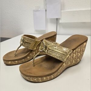 Baby Phat Gold Wedge Sandals | Logo Detail | Size 5
